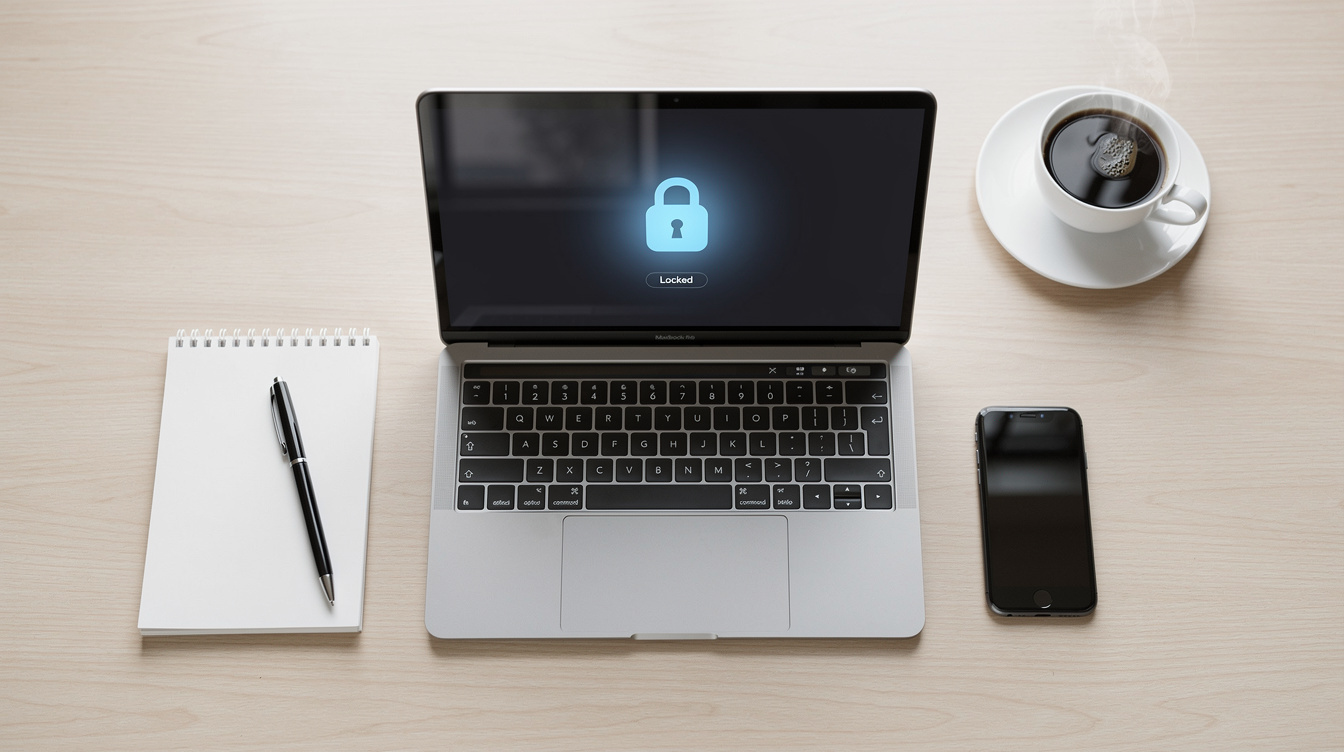 Laptop and smartphone on a desk with a padlock icon